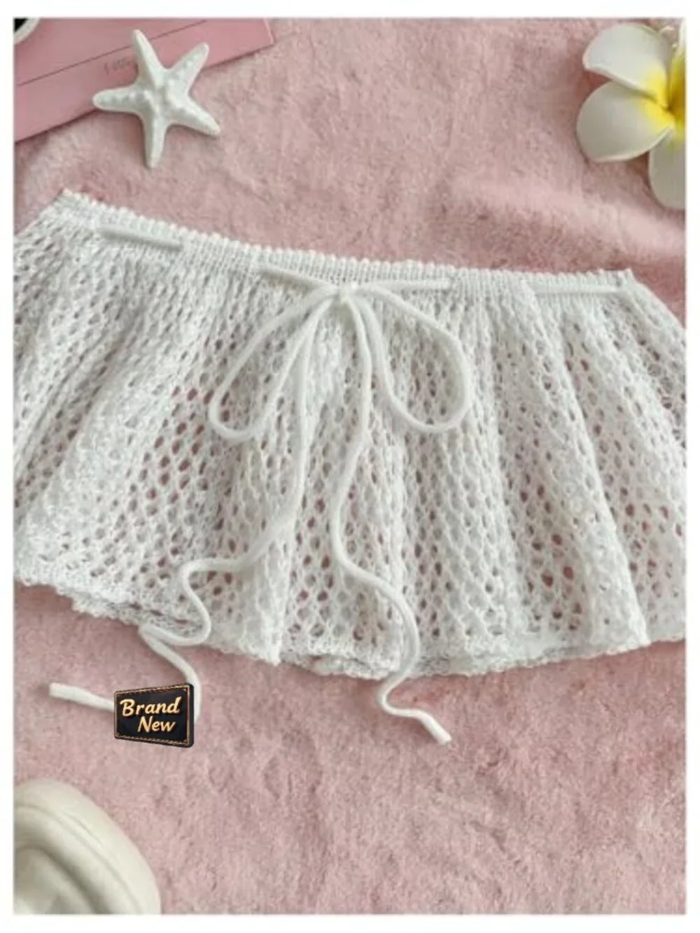 Crochet Mini Skirt Cover Up Tie Front Hollow Out Knit Beach Coverup - Picture 3 of 5